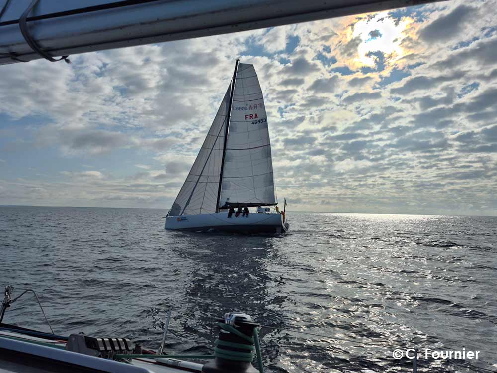 équipage au rappel sur le Pogo 40 Yachtig formations au tour du Finistère voile 2025 en navigation de fin de journée