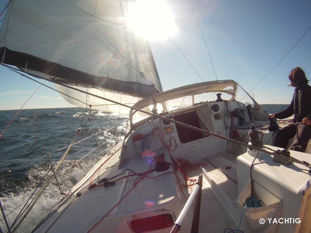 Barreuse vue du cockpit du Pogo 40, filant sous gennaker, soleil de face