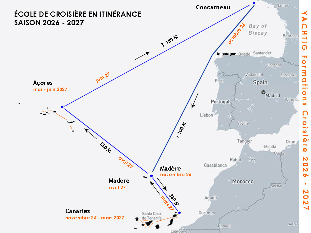 Carte du parcours Bretagne, Madère, Canaries, Açores du voilier Yachtig pour la saison 2026 et 2027